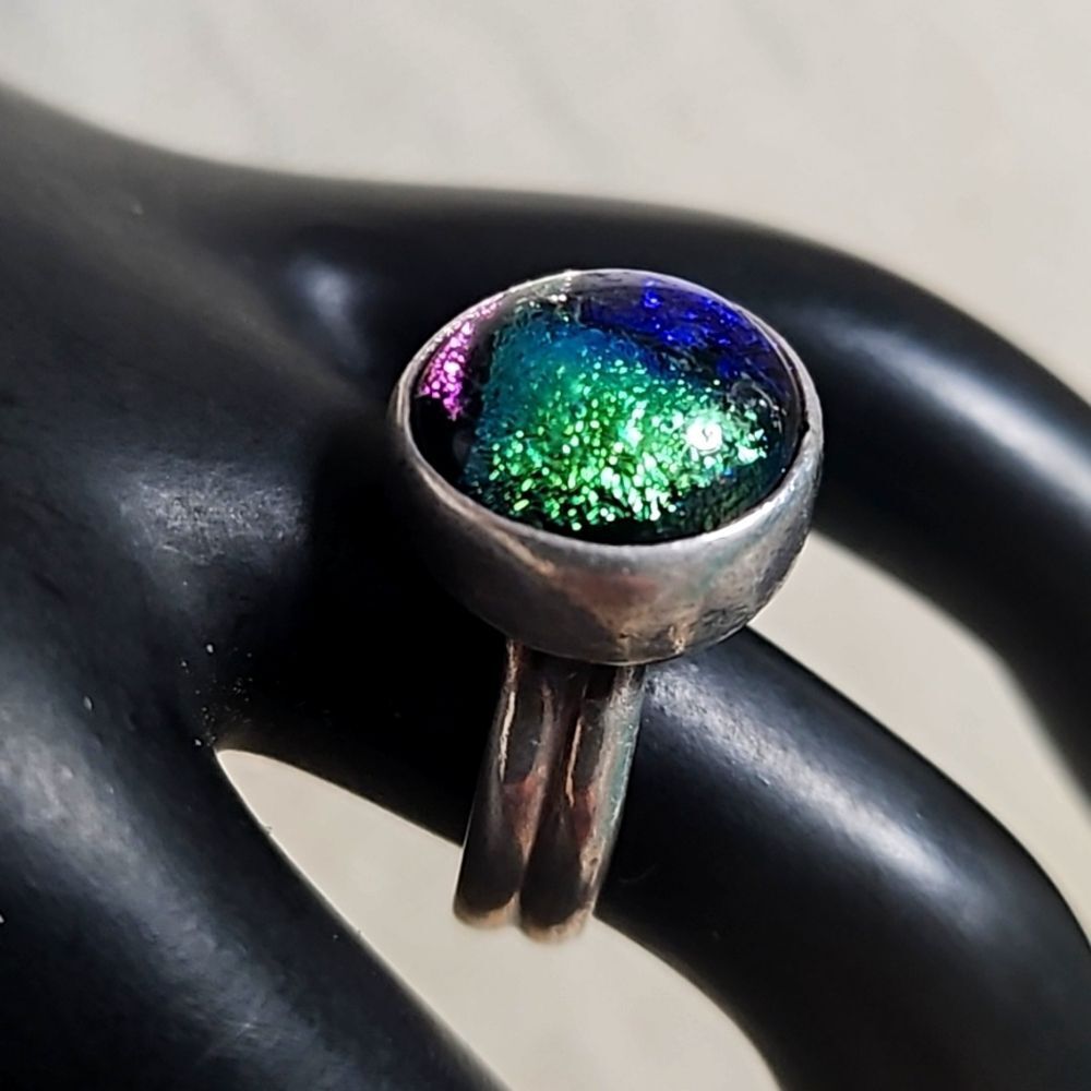 Vintage 80s Y2K Solid Sterling Silver Bezel Art Glass 925 Ring Size 6
